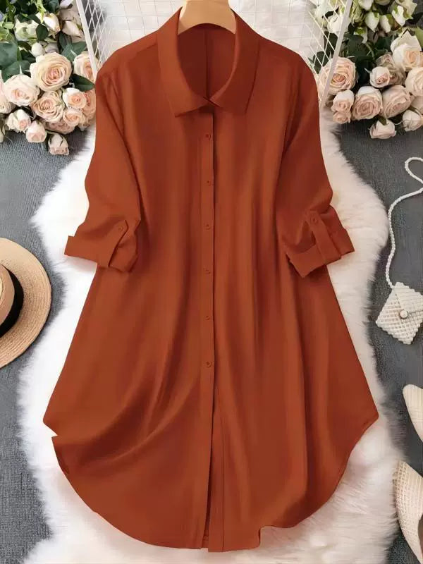 【】2024 Cross-Border New Product Amazon Chiffon Shirt with Five-Quarter Sleeves, Loose Button-Down Mid-Length Shirt with Seven-Quarter Sleeves