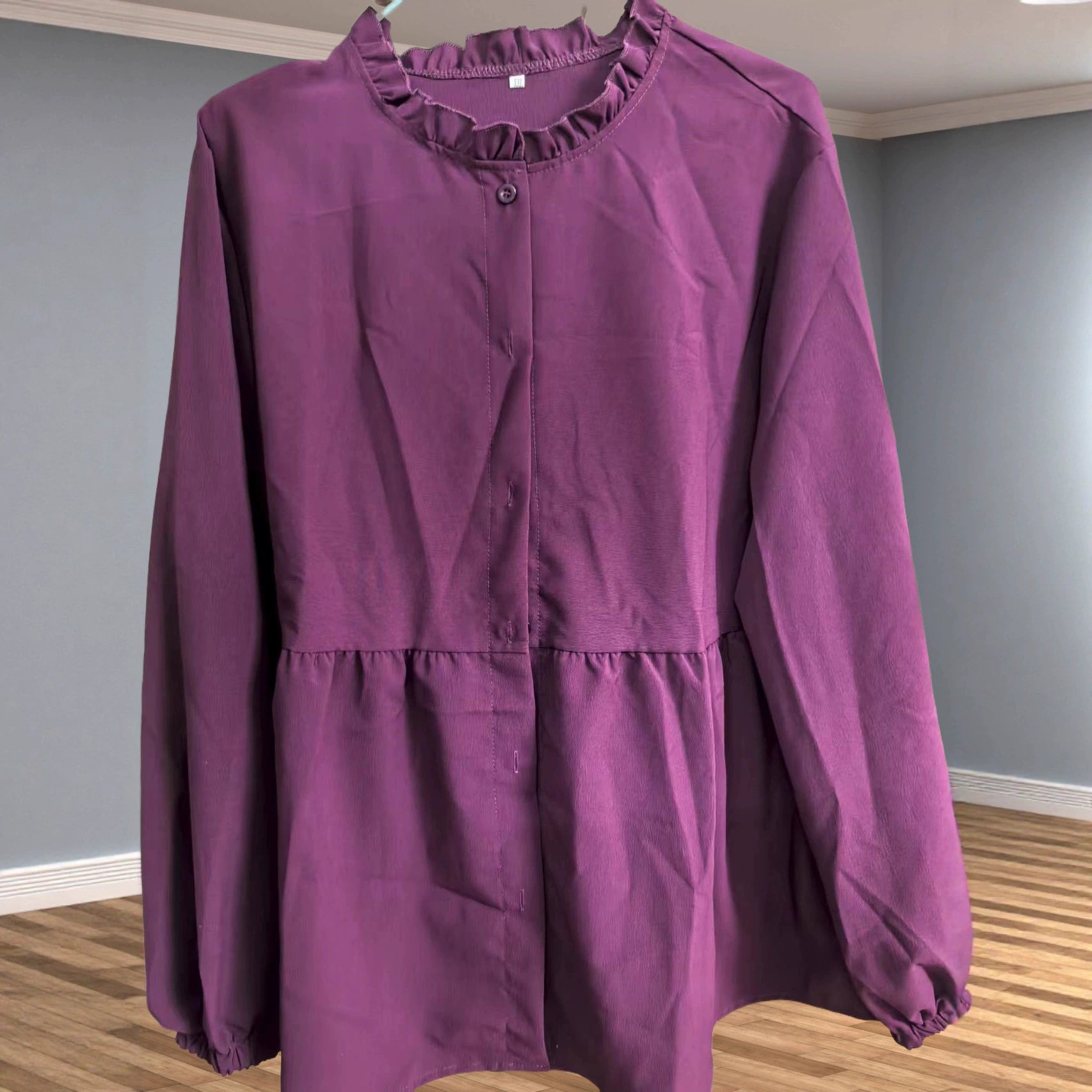 Women's loose solid color lantern sleeve cardigan ruffled round neck solid color all-match top