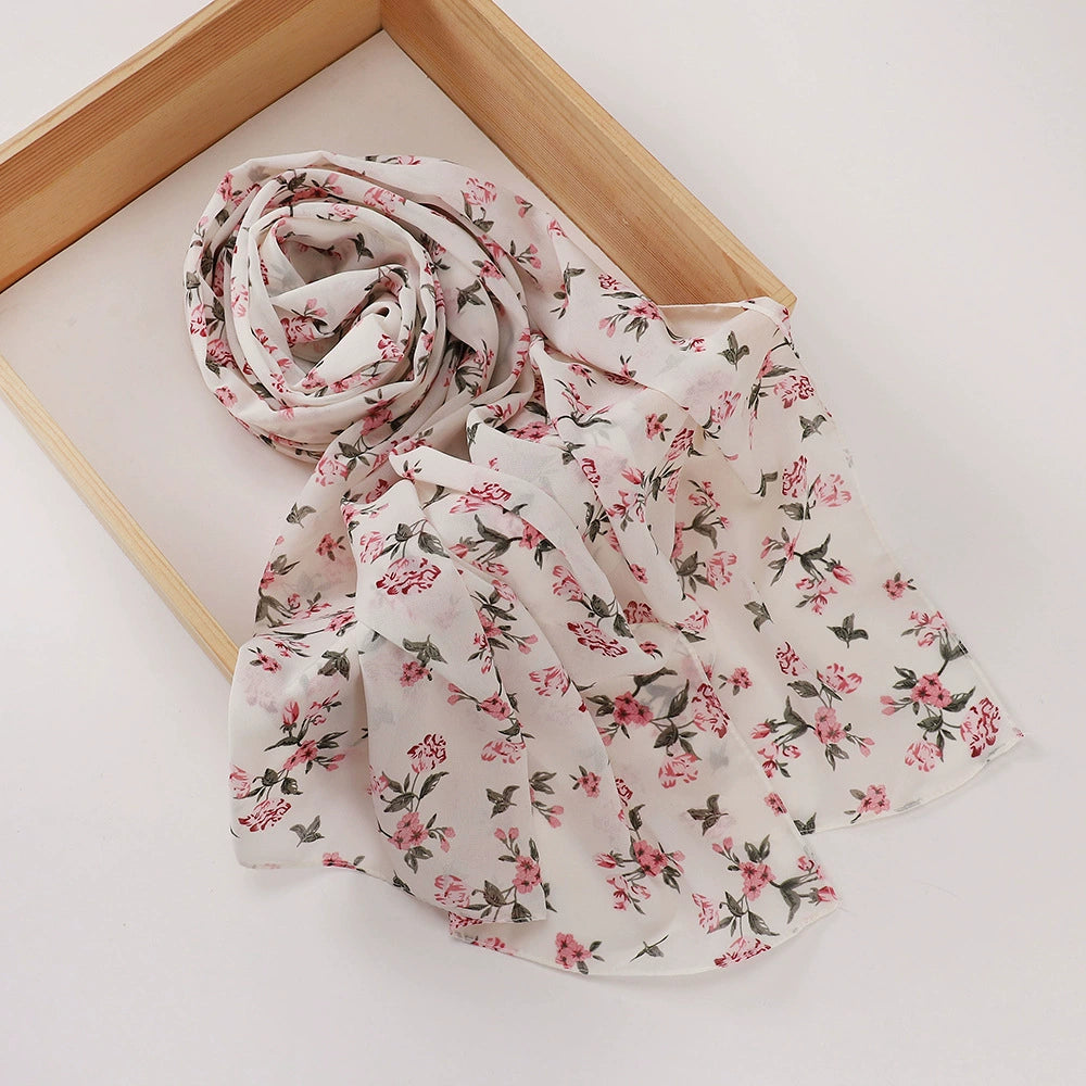 New Malaysian Pearl Chiffon Silk Scarf Rose Print Hijab Hui Turban Gauze Scarf Wholesale