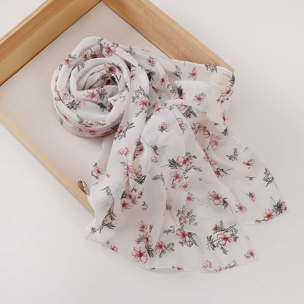 New Malaysian Pearl Chiffon Silk Scarf Rose Print Hijab Hui Turban Gauze Scarf Wholesale