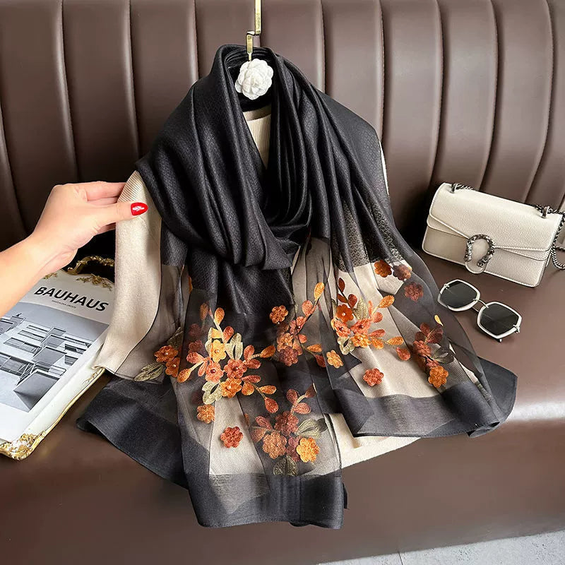 Spring and Autumn New Beaded Imitation Silk Scarf for Women Elegant and Versatile Embroidered Begonia Flower Long Scarf Summer Sunscreen Gauze Scarf