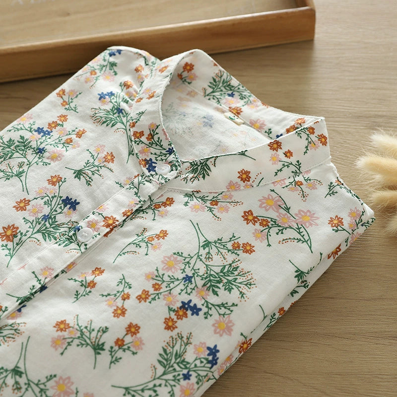 Japanese style floral shirt Women's stand collar elegant loose all-match top long sleeve printed top women's wholesale