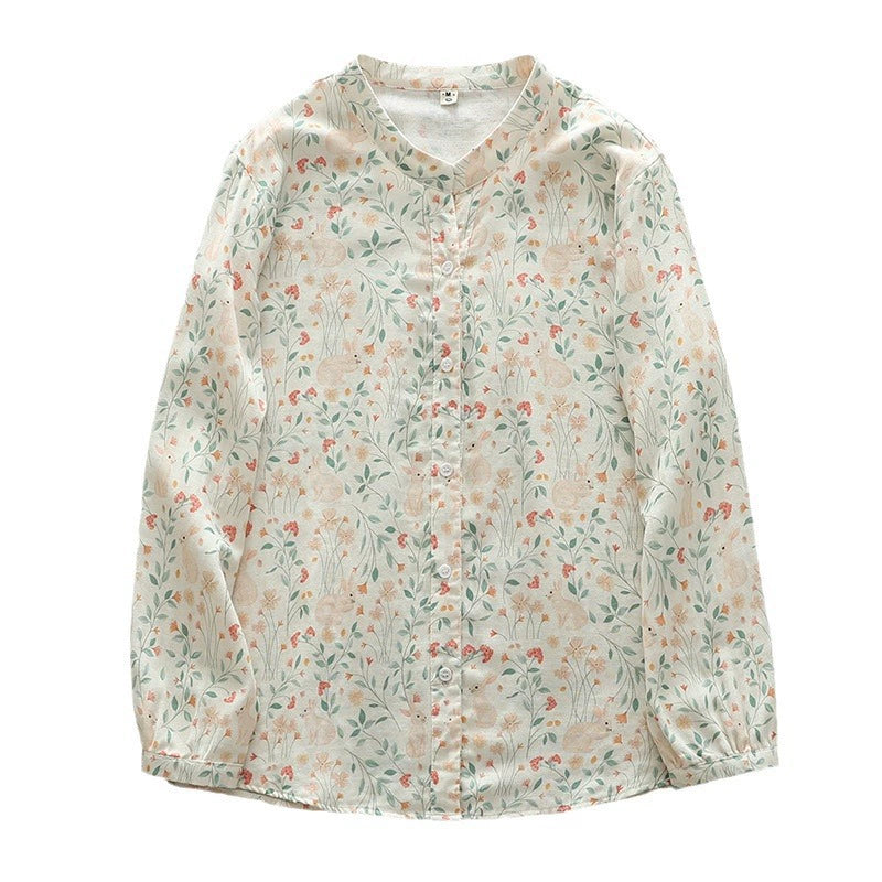 Western style printed cotton yarn long-sleeved shirt for women 2024 Spring and Autumn New loose slimming shirt top for women