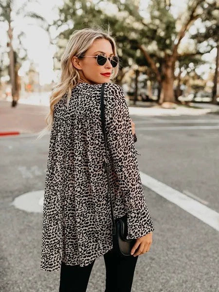 European and American cross-border new women's V-neck leopard print front pocket back pleated button long sleeve fashion casual shirt