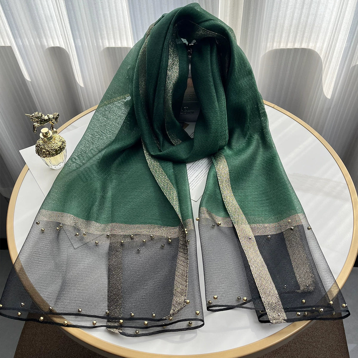 2025 Border Gold Edge Silk Scarf Classic Plaid Beaded Scarf Sunscreen Silk Scarf Gift Box Premium Sense