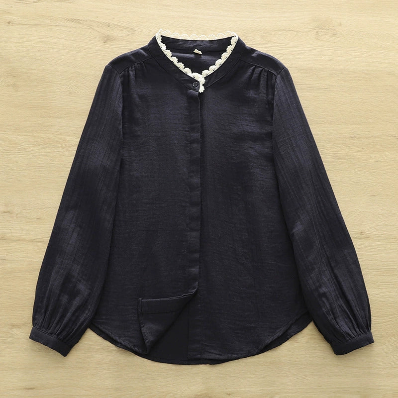 Spring Cotton Long-sleeved Shirt with Ledge Collar for Women Japanese Mori Style Simple Single-breasted Solid Color Comfortable All-match Top