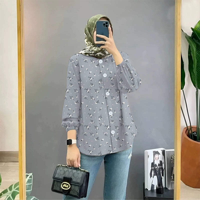 Cross-border Muslim floral print shirt artistic retro cardigan loose top women's drape shirt Women