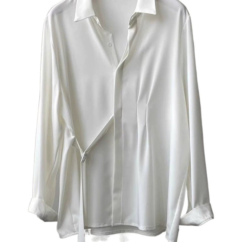 Draped Shirt Women's Long-sleeved Design Niche 2024 Autumn Loose Casual Lace-up French Top
