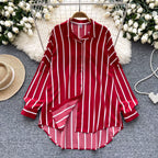 Women's Long-Sleeved Striped Shirt, New Autumn Style, European and American Style, Casual, Versatile, Loose Fit, Slimming, Mid-Length, Plus Size Shirt, Trendy
