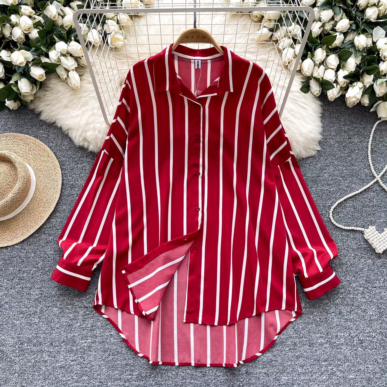 Women's Long-Sleeved Striped Shirt, New Autumn Style, European and American Style, Casual, Versatile, Loose Fit, Slimming, Mid-Length, Plus Size Shirt, Trendy