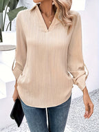 Women's Solid Color Roll Sleeve Shirt Back Button Embellishment