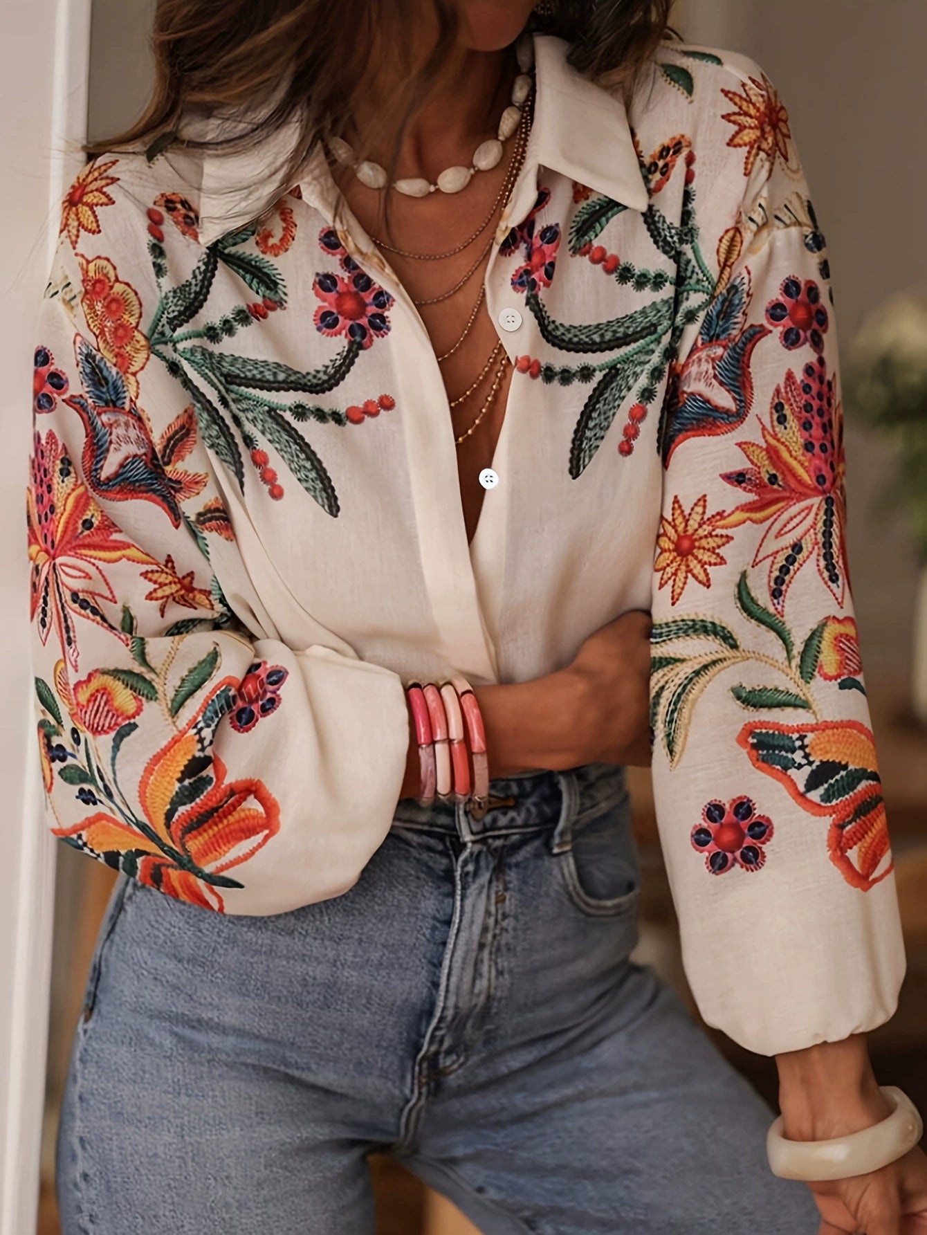 European and American Cross-Border Amazon Women's Clothing 2025 Spring and Summer New Loose Long-Sleeved Digital Printed Shirt Tops