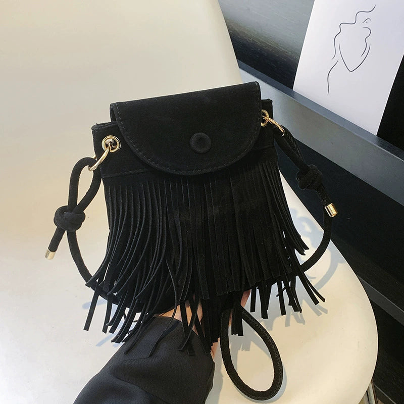 2024 Autumn and Winter New Suede Personalized Tassel Buckle Mobile Phone Bag Frosted Retro Ethnic Style Single Shoulder Crossbody Bag