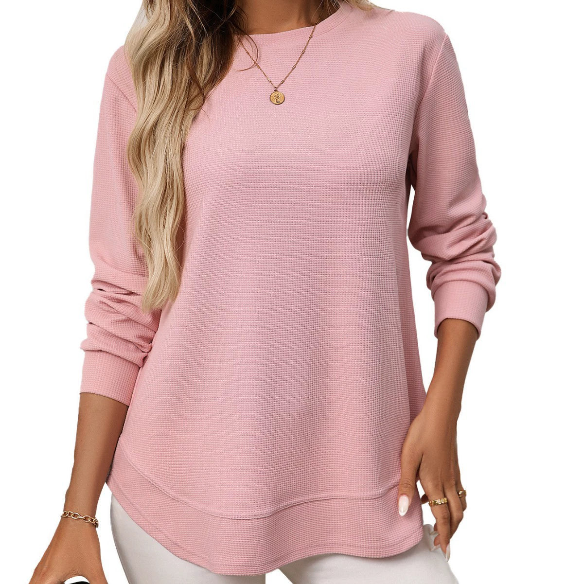 Women's Autumn and Winter New Loose Waffle Casual Versatile T-Shirt Knitted Long Sleeves