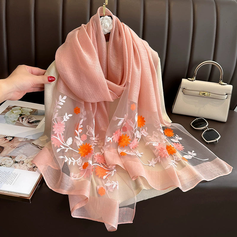 Spring and Autumn New Beaded Imitation Silk Scarf for Women Elegant and Versatile Embroidered Begonia Flower Long Scarf Summer Sunscreen Gauze Scarf