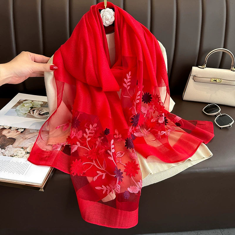 Spring and Autumn New Beaded Imitation Silk Scarf for Women Elegant and Versatile Embroidered Begonia Flower Long Scarf Summer Sunscreen Gauze Scarf