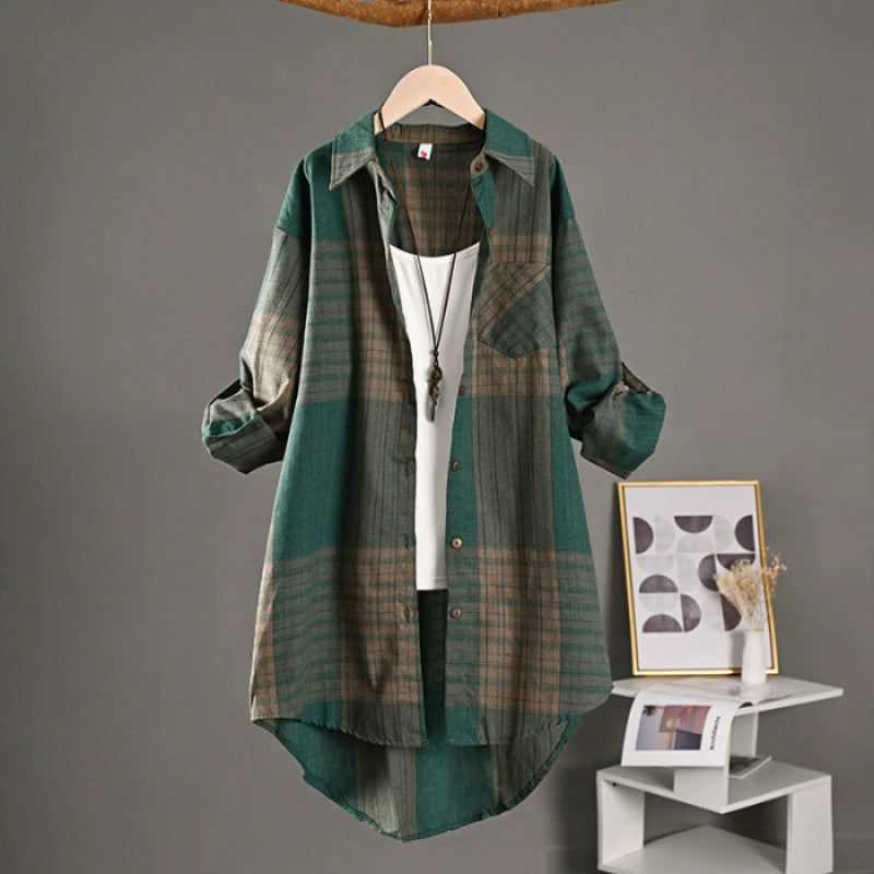 New Cotton and Linen Tops, Retro Spring and Autumn Plaid Shirts for Women, Long Style with Short Front and Long Back Design, Sun Protection Shirts