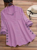 Spring and Autumn 2025 New Women's Solid Color Striped Button Cotton Linen False Pocket Striped Long Sleeve Long Shirt Top