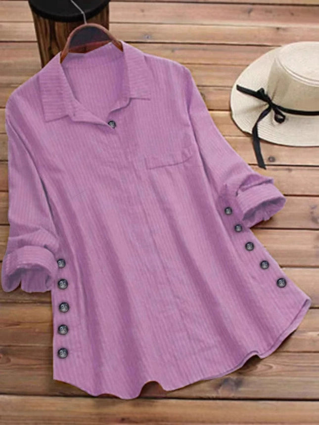 Spring and Autumn 2025 New Women's Solid Color Striped Button Cotton Linen False Pocket Striped Long Sleeve Long Shirt Top