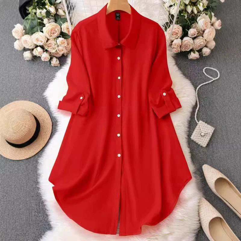 【】2024 Cross-Border New Product Amazon Chiffon Shirt with Five-Quarter Sleeves, Loose Button-Down Mid-Length Shirt with Seven-Quarter Sleeves