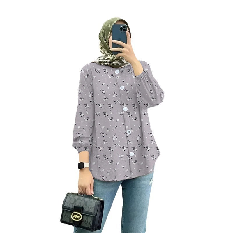 Cross-border Muslim floral print shirt artistic retro cardigan loose top women's drape shirt Women