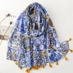 Scarf Thin Foreign Trade Cross-border Export Silk Scarves Spring and Summer Color Bohemian Blue Window Flower Bali Yarn Tassel Shawl