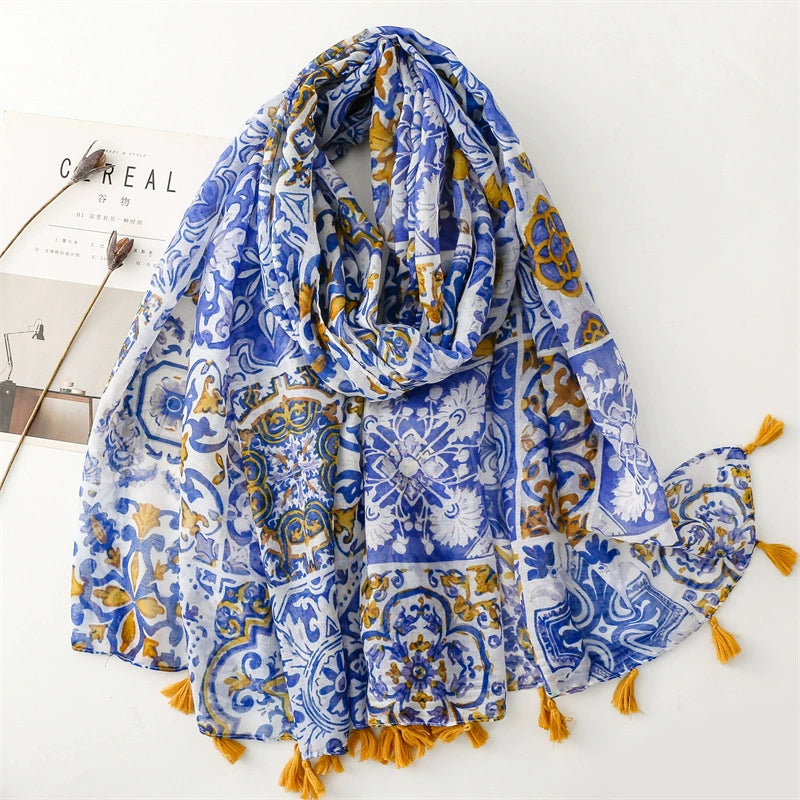 Scarf Thin Foreign Trade Cross-border Export Silk Scarves Spring and Summer Color Bohemian Blue Window Flower Bali Yarn Tassel Shawl