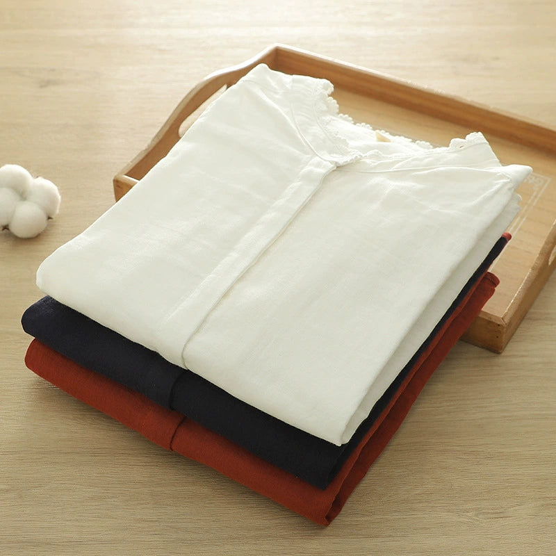 Spring Cotton Long-sleeved Shirt with Ledge Collar for Women Japanese Mori Style Simple Single-breasted Solid Color Comfortable All-match Top