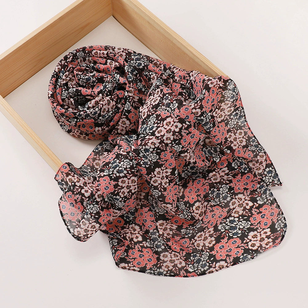 New Malaysian Pearl Chiffon Silk Scarf Rose Print Hijab Hui Turban Gauze Scarf Wholesale