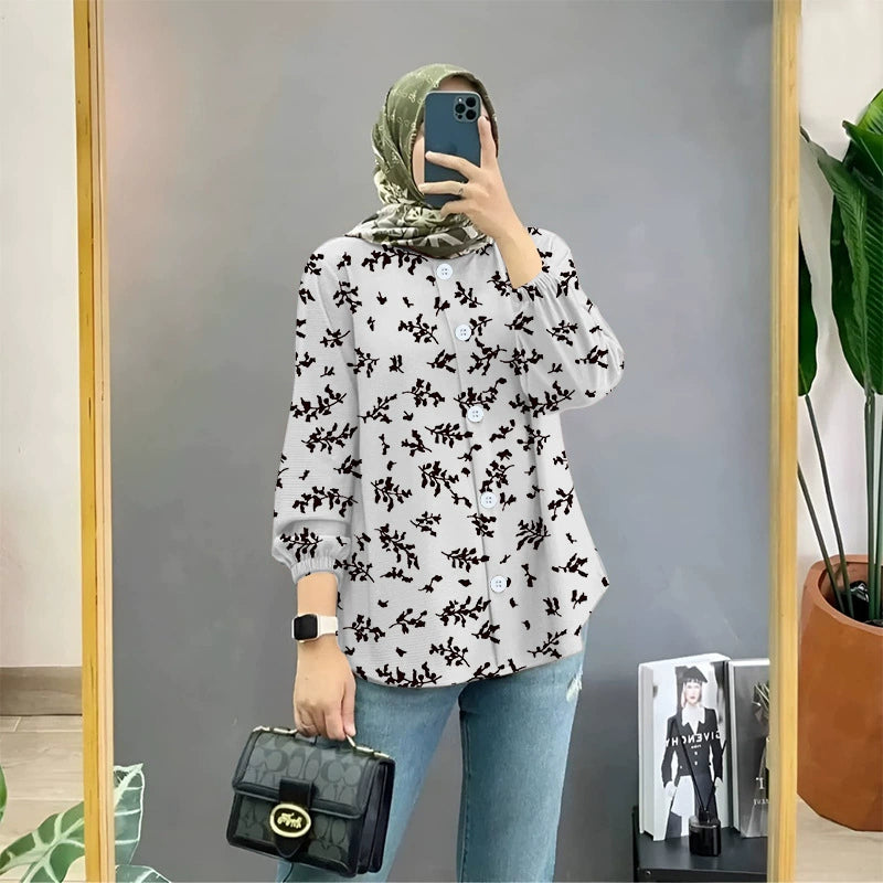 Cross-border Muslim floral print shirt artistic retro cardigan loose top women's drape shirt Women
