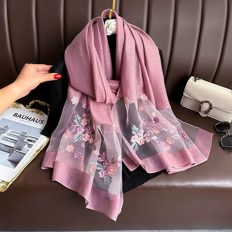 Spring and Autumn New Beaded Imitation Silk Scarf for Women Elegant and Versatile Embroidered Begonia Flower Long Scarf Summer Sunscreen Gauze Scarf
