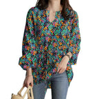 2024 European and American Casual Vacation Tops Autumn Fashion Long-Sleeved V Neck Floral Print Drawstring Waist Loose Top