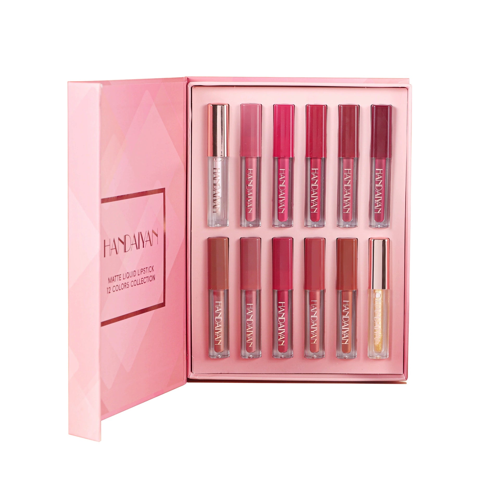 Cross-Border Lip Glaze Set Square Tube Lip Gloss Handaiyan Waterproof Easy-To-Color Pearlescent Matte Lip Glaze Set