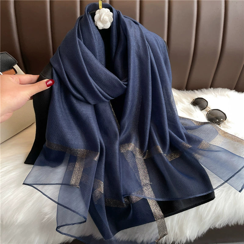 New Korean style solid color all-match silk scarf women's long scarf gold silk sequined silk wool scarf spring and autumn sun protection shawl batch