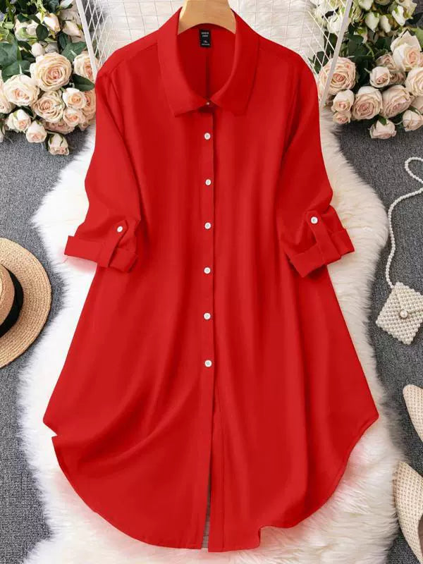【】2024 Cross-Border New Product Amazon Chiffon Shirt with Five-Quarter Sleeves, Loose Button-Down Mid-Length Shirt with Seven-Quarter Sleeves