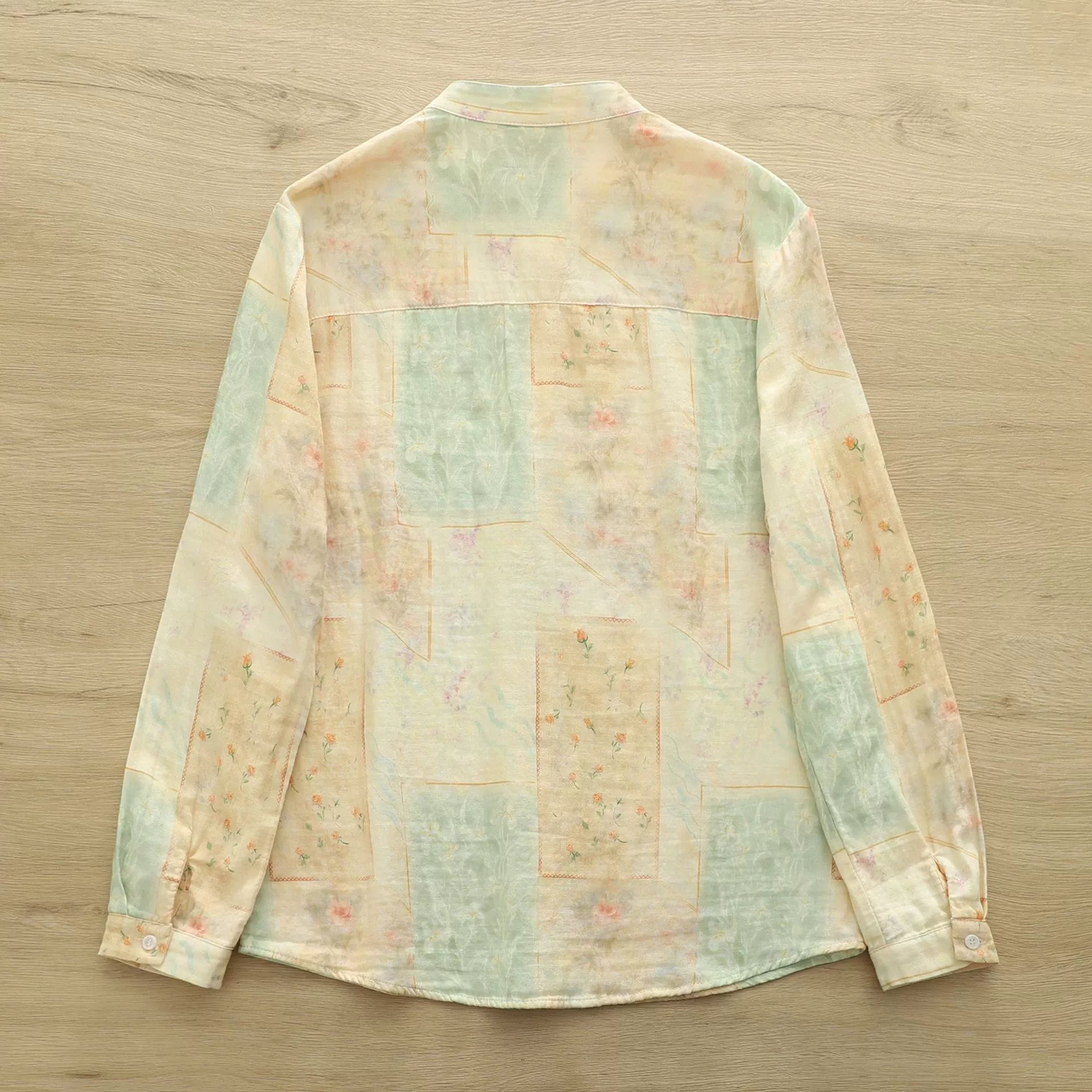 2025 Autumn Korean Style Irregular Printed Shirt Women's Loose and Easiest for Match Double-Layer Cotton Yarn Floral Shirt French Shirt