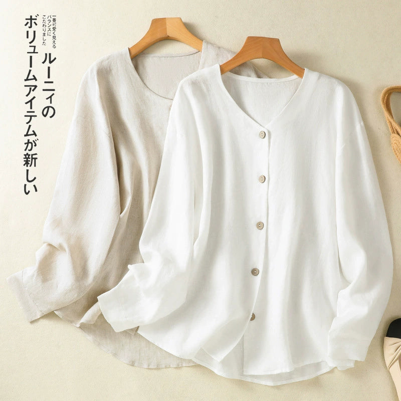 Real shot 2025 Spring New Artistic Loose Solid Color V-neck Long Sleeve Shirt Women's Shirt Top #5859