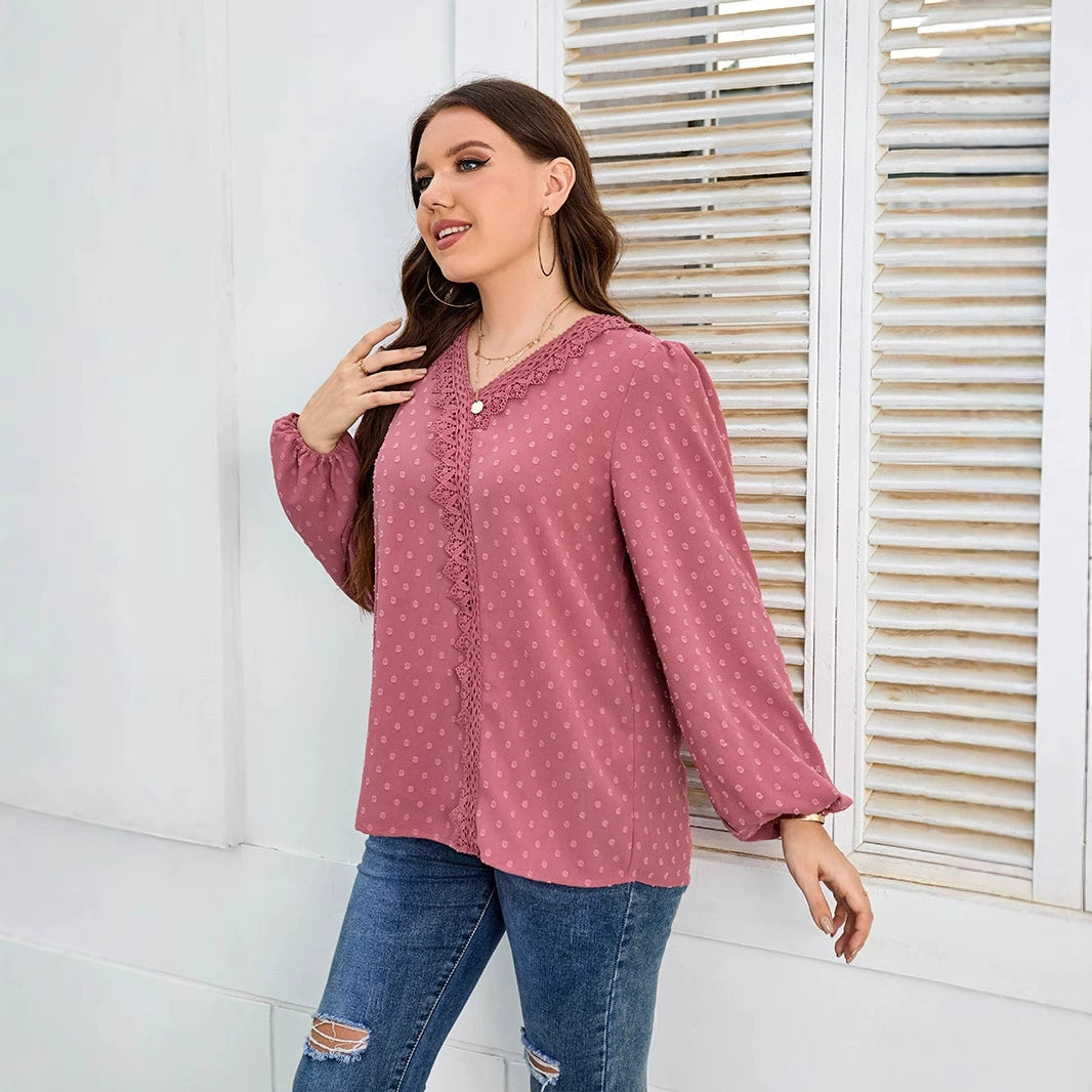 2022 European and American Style Cross-Border Trade Solid Color Woven Elegant Commuter Off-Shoulder Korean Version Long-Sleeve Chiffon Blouse Plus Size