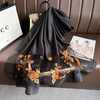 Spring and Autumn New Beaded Imitation Silk Scarf for Women Elegant and Versatile Embroidered Begonia Flower Long Scarf Summer Sunscreen Gauze Scarf
