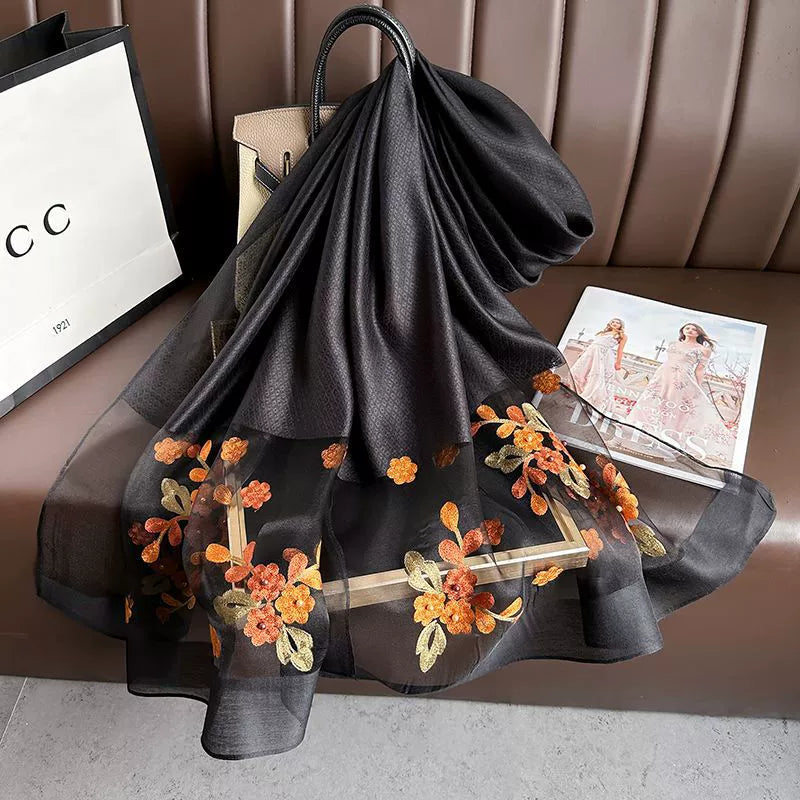 Spring and Autumn New Beaded Imitation Silk Scarf for Women Elegant and Versatile Embroidered Begonia Flower Long Scarf Summer Sunscreen Gauze Scarf