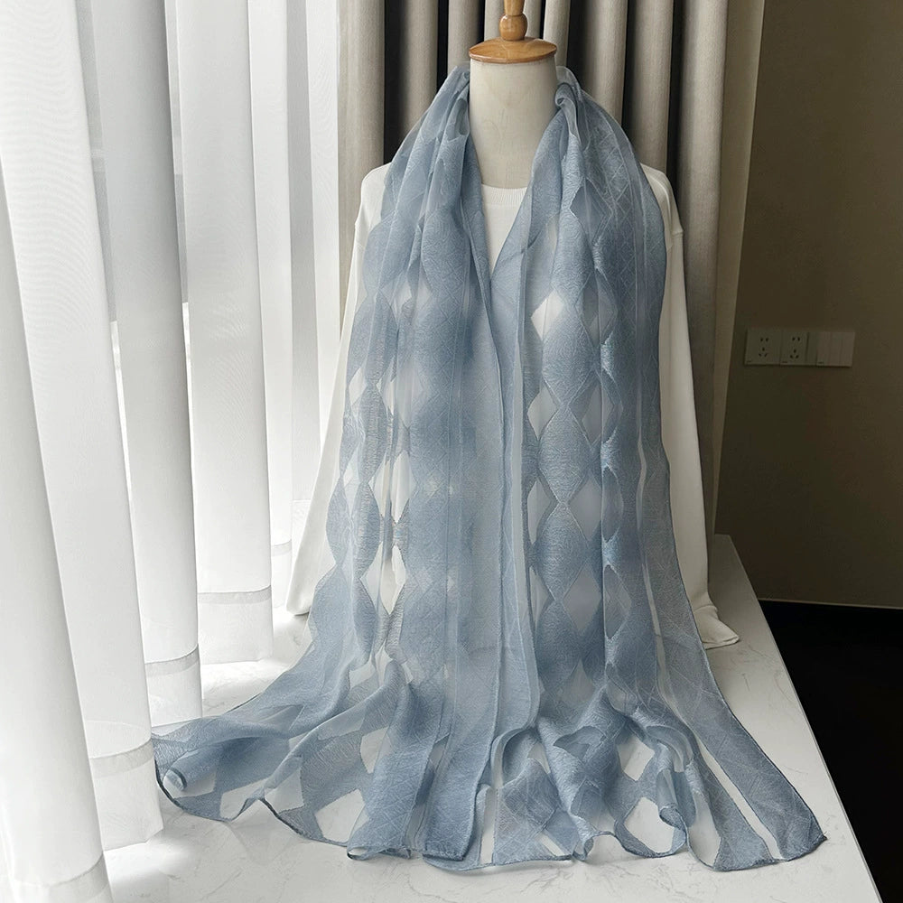Foreign Trade Cut Flower Scarf for Women, Korean Style Rhombus Imitation Silk Sunscreen Scarf, Thin Women's Headscarf