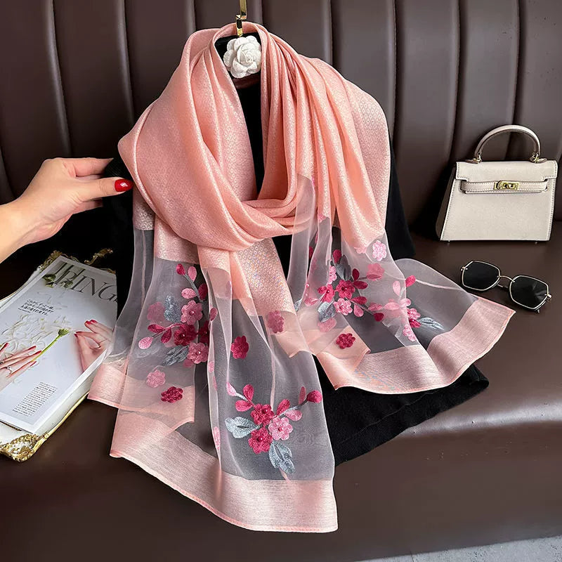 Spring and Autumn New Beaded Imitation Silk Scarf for Women Elegant and Versatile Embroidered Begonia Flower Long Scarf Summer Sunscreen Gauze Scarf
