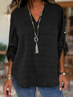 2025 Hot Cross-Border European and American Pure Color Women's Fashion Casual Nine-Quarter Sleeve Notched V Neck Shirt for Women