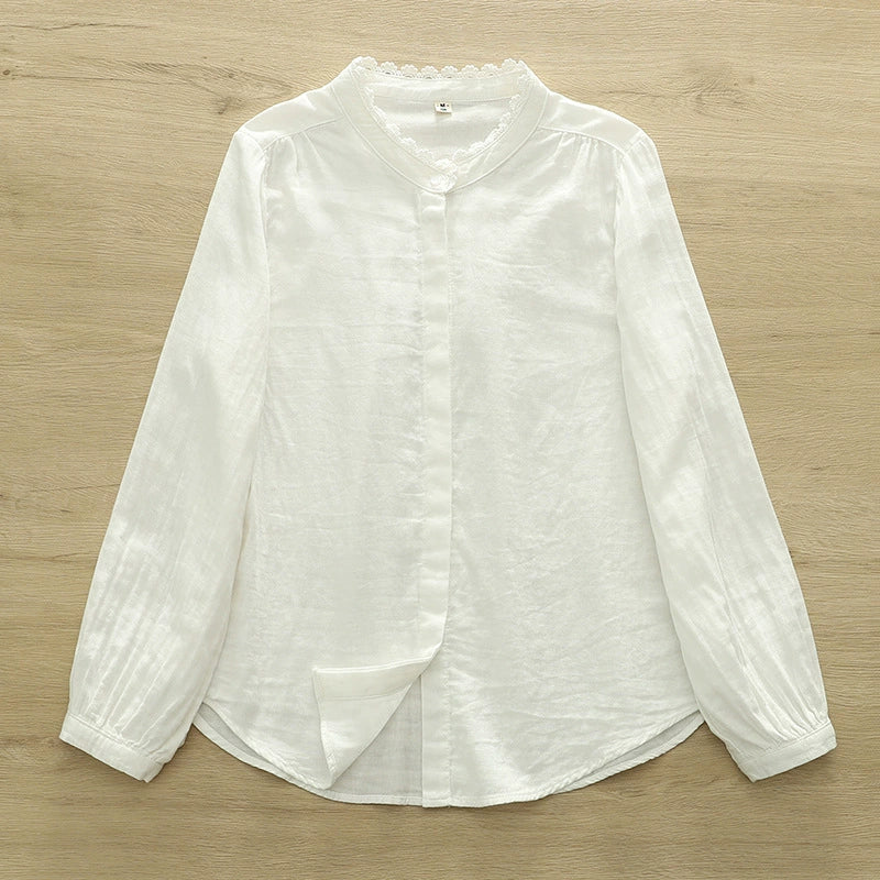 Spring Cotton Long-sleeved Shirt with Ledge Collar for Women Japanese Mori Style Simple Single-breasted Solid Color Comfortable All-match Top