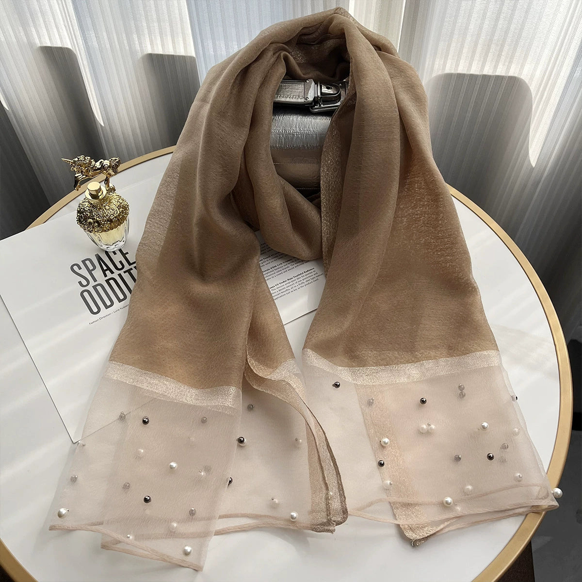 2025 Border Gold Edge Silk Scarf Classic Plaid Beaded Scarf Sunscreen Silk Scarf Gift Box Premium Sense