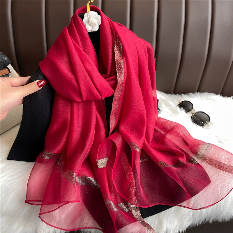 New Korean style solid color all-match silk scarf women's long scarf gold silk sequined silk wool scarf spring and autumn sun protection shawl batch