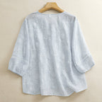 The Wind Blows Past the Half-Moon V-Neck Pearl Button Breathable Comfortable Slimming Hollow-Out 2025 New Stylish Embroidered Floral Blouse