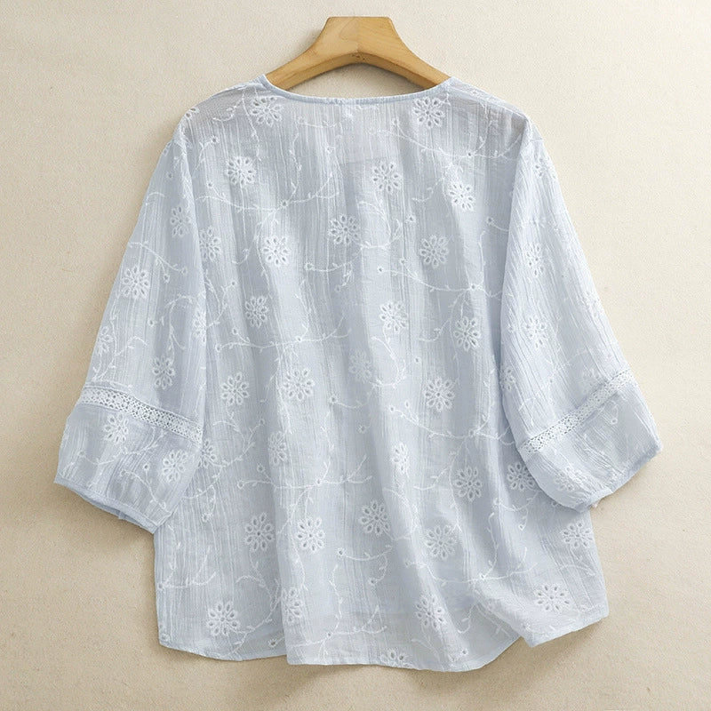 The Wind Blows Past the Half-Moon V-Neck Pearl Button Breathable Comfortable Slimming Hollow-Out 2025 New Stylish Embroidered Floral Blouse