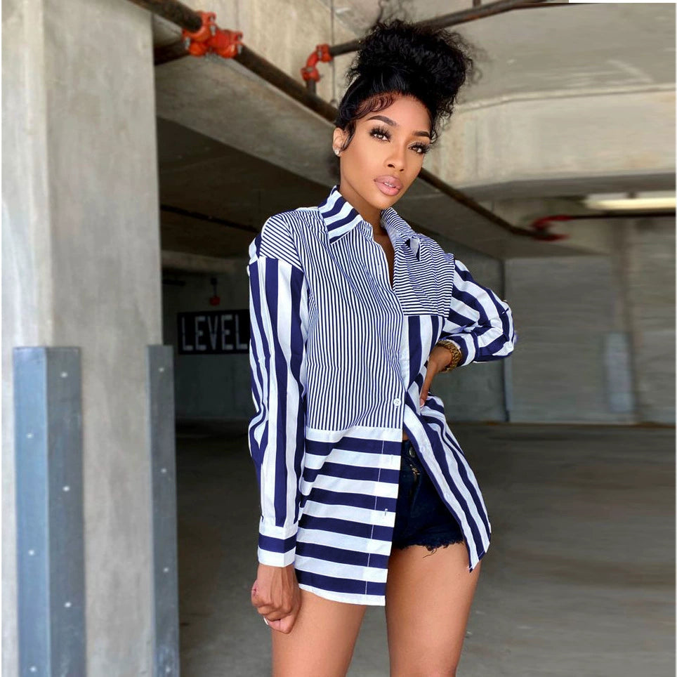 Cross-border e-commerce source manufacturers 2021 autumn European and American women's fashion ladies striped printed loose shirt skirt