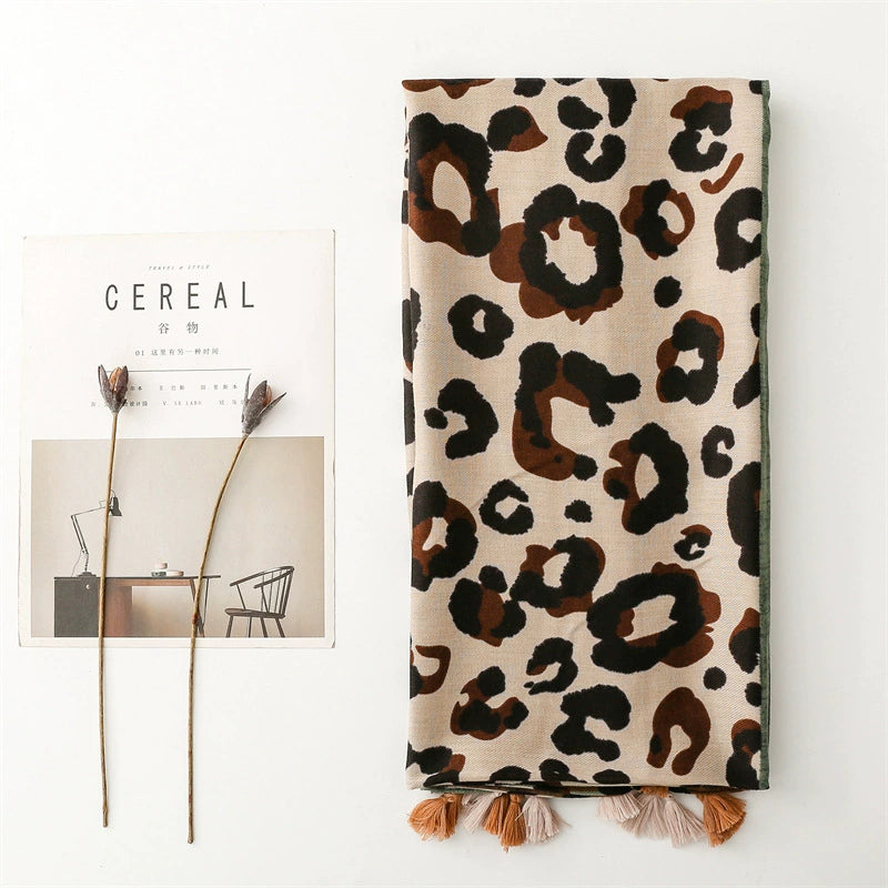 Foreign Trade Cross-border Export Retro Cotton and Linen Scarf Thick Green Leopard Scarf Warm Tassel Shawl Accessories